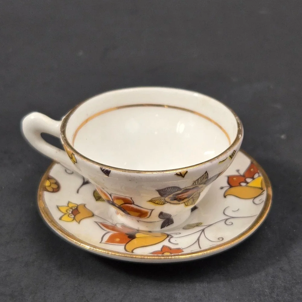 Vintage Rosina Bone China Miniature Single Teacup Saucer Set Floral Gold England